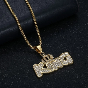 Hip hop gold plated KING crown pendant necklace with sparkling rhinestones for men