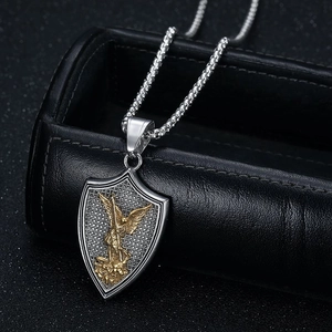 St. Michael Archangel shield pendant in gold-plated steel on black leather case