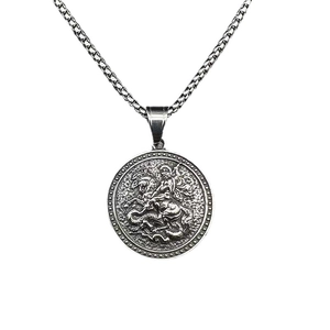Retro stainless steel St. George dragon slayer pendant necklace with silver box chain
