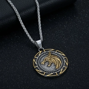 Nordic Viking wolf head pendant necklace with silver braided chain and gold accents