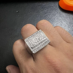 Hip hop silver square signet ring for men featuring detailed Last Supper relief carving