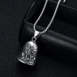 Saint Michael angel guardian bell pendant in vintage stainless steel with metal chain