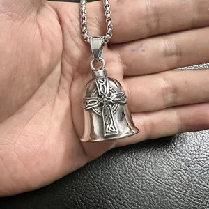 Polished silver titanium steel Viking bell pendant with Celtic cross on box chain