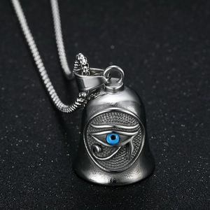 Vintage titanium steel Eye of Horus biker bell pendant necklace with blue gemstone