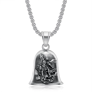 Vintage Stainless Steel St Michael Bell Pendant Necklace Retro Distressed Lucky Guardian Bell Exorcism Biker Jewelry For Men