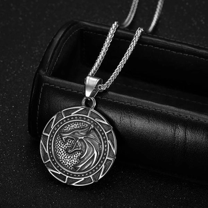 Vintage silver Viking dragon pendant necklace with heavy braided chain for men