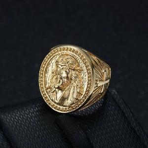 Men's hip hop gold plated stainless steel ring featuring Jesus relief and cross detail