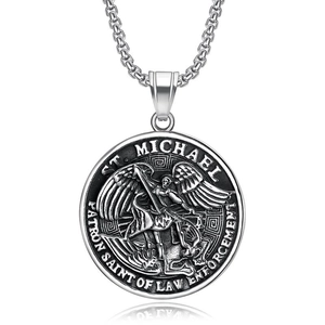Erzengel Michael Rundes Medaillon Anhänger Halskette Punk Titanstahl Schutzpatron Strafverfolgung Religiöses Amulett Damen Herren Schmuck