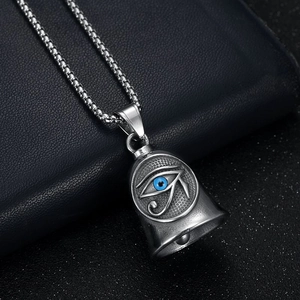 Titanium steel Eye of Horus biker bell pendant necklace with blue bead on leather