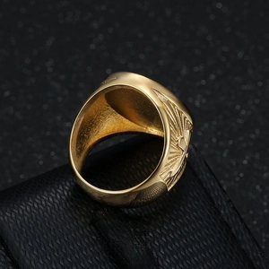 Hiphop gold plated stainless steel ring featuring vintage sunburst cross engraving