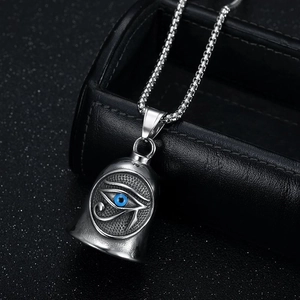 Vintage stainless steel Eye of Horus biker bell pendant with blue eye and square chain