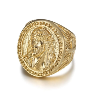 Hip hop gold plated stainless steel signet ring with Jesus portrait and cross details