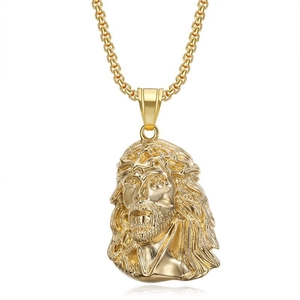Hip hop style Jesus portrait pendant necklace in polished vacuum plated gold steel finish