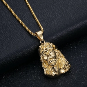 Hip-hop Jesus pendant necklace in gold-plated stainless steel with box chain on black leather