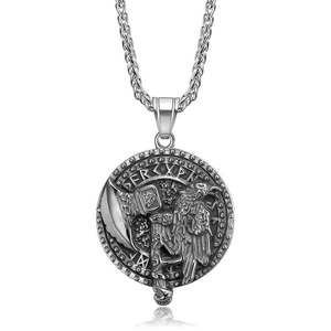 Viking raven battle axe pendant necklace with runic details in vintage steel finish