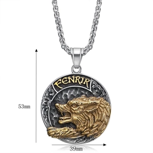 Detailed view of Viking Fenrir wolf head pendant with Celtic knotwork patterns