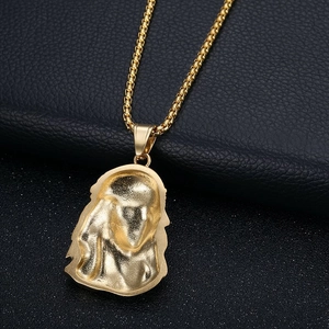 Hip hop gold plated stainless steel necklace with relief portrait pendant on black background