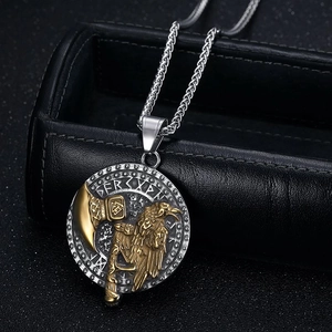 Viking raven axe necklace with runic symbols in vintage gold and silver tone finish