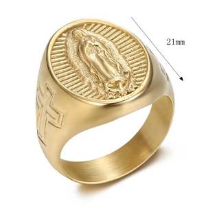 Gold stainless steel religious ring with Virgin Mary relief and side cross detail, 21mm size