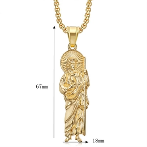 Gold-plated Saint Jude religious pendant necklace with box chain 67mm height