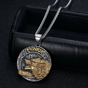 Norse mythology Fenrir wolf head pendant necklace with gold and silver Viking details