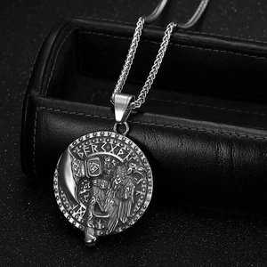 Nordic Viking Odin Raven necklace with embossed runes and Thor's hammer pendant