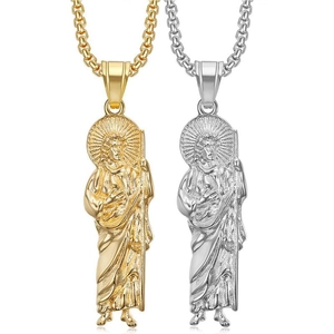 Saint Jude Religious Pendant Necklace Stainless Steel Hip Hop Gold Plated Embossed Saint Figure Jewelry For Men Women