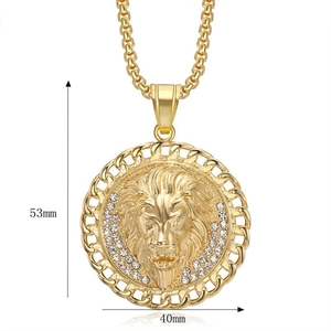 Iced out lion head pendant necklace with gold curb chain, 53mm by 40mm size dimensions
