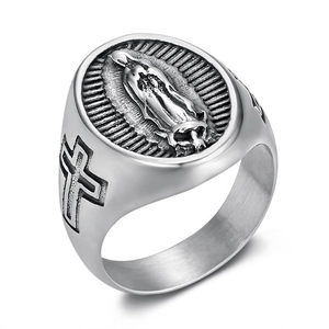 Vintage stainless steel signet ring with Virgin Mary relief and side cross detail