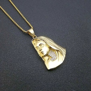 Hip Hop Vergoldete Edelstahl Jungfrau Maria Anhänger Halskette Mit Strass Eingelegt Religiöser Schmuck Für Herren Damen