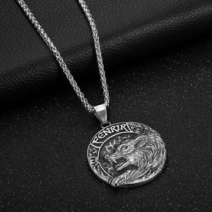 Nordic Viking Fenrir wolf head pendant necklace in silver stainless steel finish