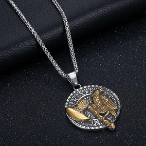 Nordic Viking necklace with Odin's raven and Thor's hammer pendant on black leather