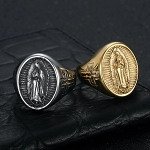 Vintage Stainless Steel Virgin Mary Signet Ring Religious Our Lady of Guadalupe Cross Punk Retro Band Ring For Men Women