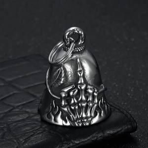 Pendentif cloche de protection motard en acier avec crâne doigt d'honneur et gravures