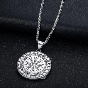 Silver Viking Vegvisir necklace for men with Fenrir Wolf steel pendant on black leather