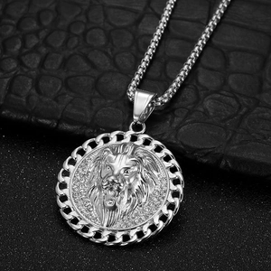 Hip hop silver stainless steel lion head pendant necklace with rhinestones on black background