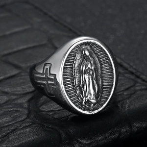 Vintage stainless steel signet ring with Virgin Mary relief and side cross detail