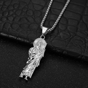 Polished stainless steel St. Jude religious pendant necklace with a fine silver chain
