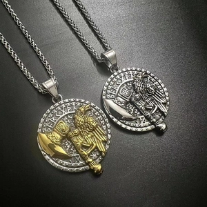 Close-up of Norse mythology coin pendants featuring Odin's raven and runes in 3D relief