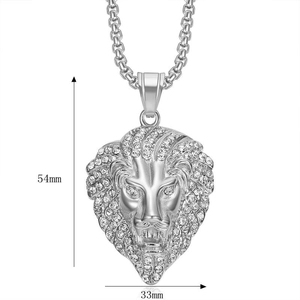 Hip hop gold plated stainless steel lion head pendant necklace with rhinestones