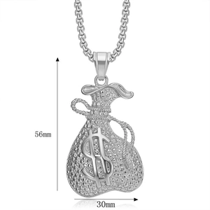 Collier pendentif sac d'argent hip hop en acier inoxydable et dollars, 56mm