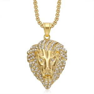 Hip Hop Stainless Steel Lion Head Pendant Necklace With Pave Rhinestone Gold Silver Plated Jewelry For Men Streetwear