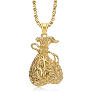 Collier pendentif sac d'argent doré hip hop avec signe dollar et chaîne épaisse