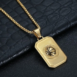 Golden stainless steel necklace featuring a rectangular basketball pendant for men