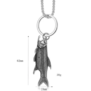 Fish-shaped stainless steel bottle opener keychain with scale texture and size dimensions