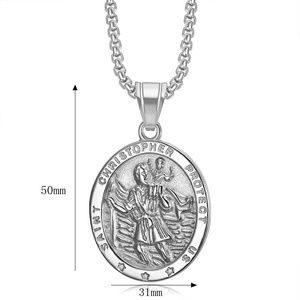 Silver Saint Christopher pendant necklace in stainless steel, size 50mm by 31mm