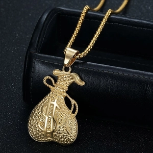 Collier à Pendentif Sac d'Argent en Acier Inoxydable Hip Hop Signe Dollar Strass Bijoux pour Hommes Femmes Or Argent Mode