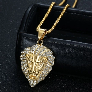 Hip hop gold plated stainless steel lion head pendant necklace with sparkling rhinestones