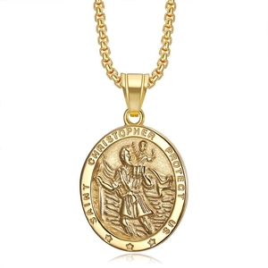 Saint Christopher Protect Us Stainless Steel Pendant Necklace Vintage Religious Oval Round Medallion For Men Women Jewelry