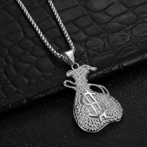 Collier pendentif sac d'argent hip hop en acier inoxydable argenté avec cristaux brillants